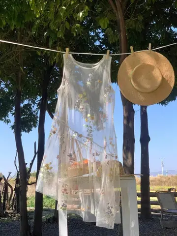 Y2K 메쉬 자수 민소매 드레스 여성 한국어 느슨한 접이식 Sundress 달콤한 Vestidos 여름 패션 모든 경기 드레스 휴가