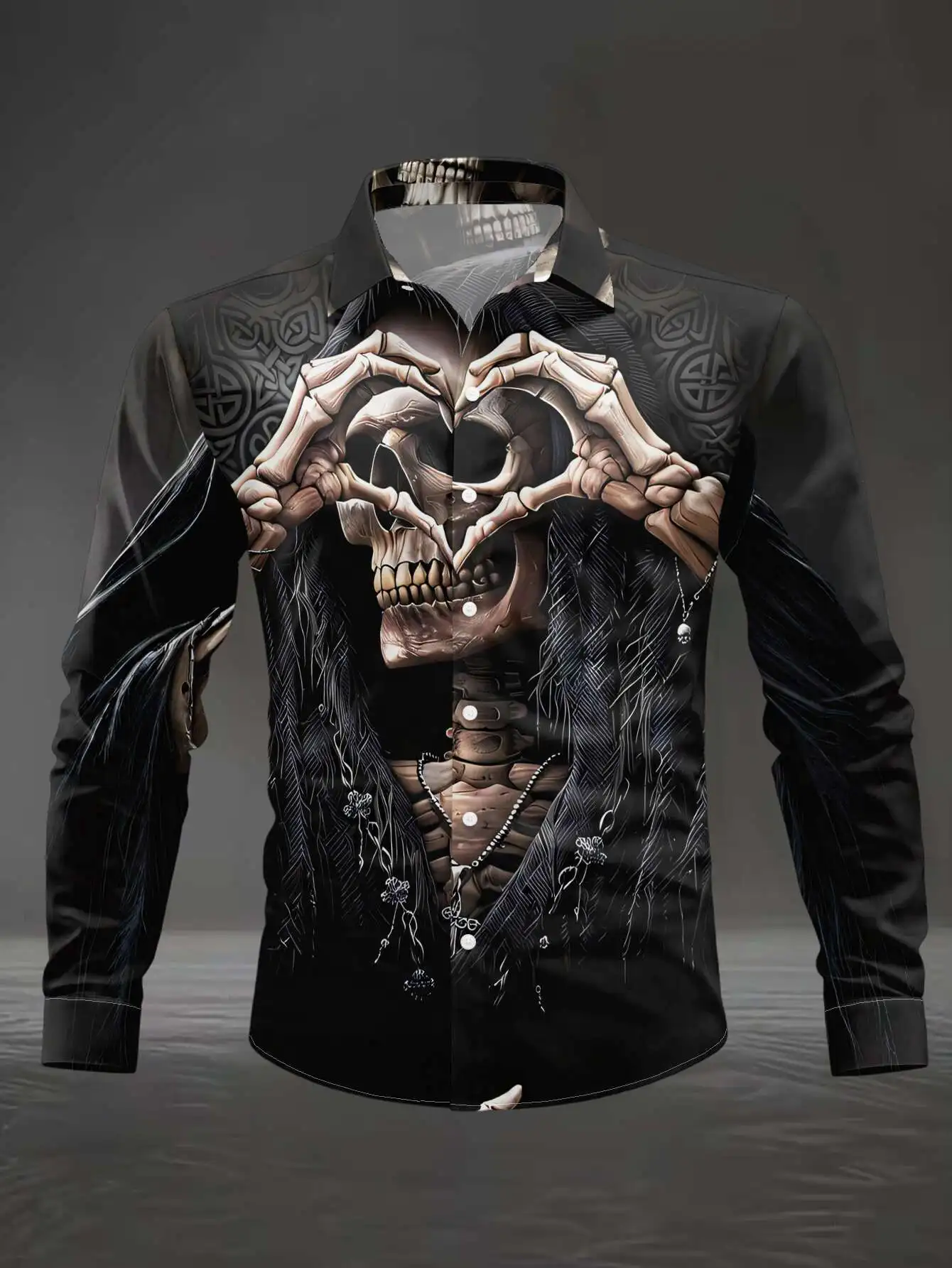 Men Long Sleeve Satin Shirt Skeleton Heart Hand Print Turn Down Collar Button Up Party