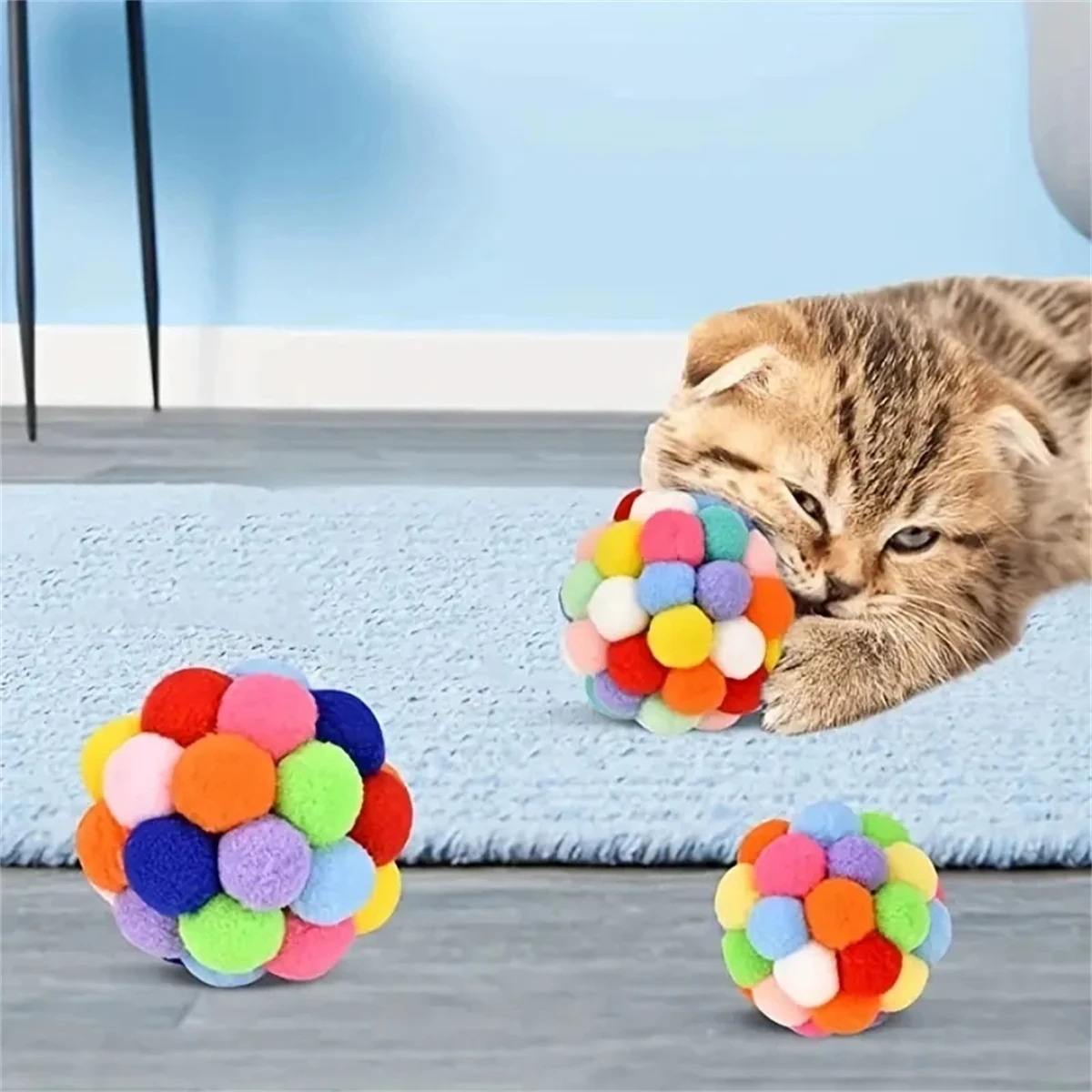 3Pcs Colorful Plush Bell Ball Cat Can Make Sounds To Entertain Themselves 4.5/6cm Scratch-Resistant Rainbow Plush Ball Play With