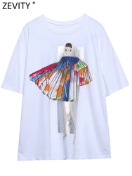 Zevity Women Fashion High Street Beauty Print Casual White T Shirt Female Basic O Neck Short Sleeve Chic Tops T477