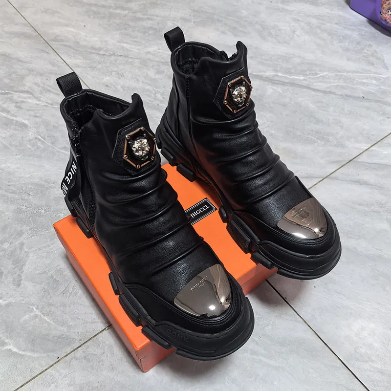 

Men's high-top leather boots casual sneakers with lace-up design versatile high-end casual shoes for both men and women 6