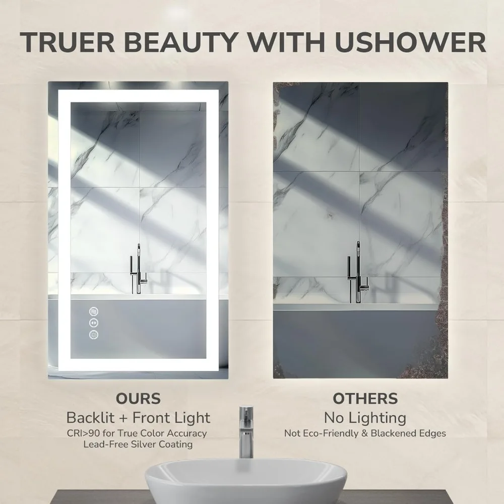 Espelho de banheiro de vidro temperado retroiluminado LED sem moldura de 48 x 36 polegadas com iluminação de vaidade