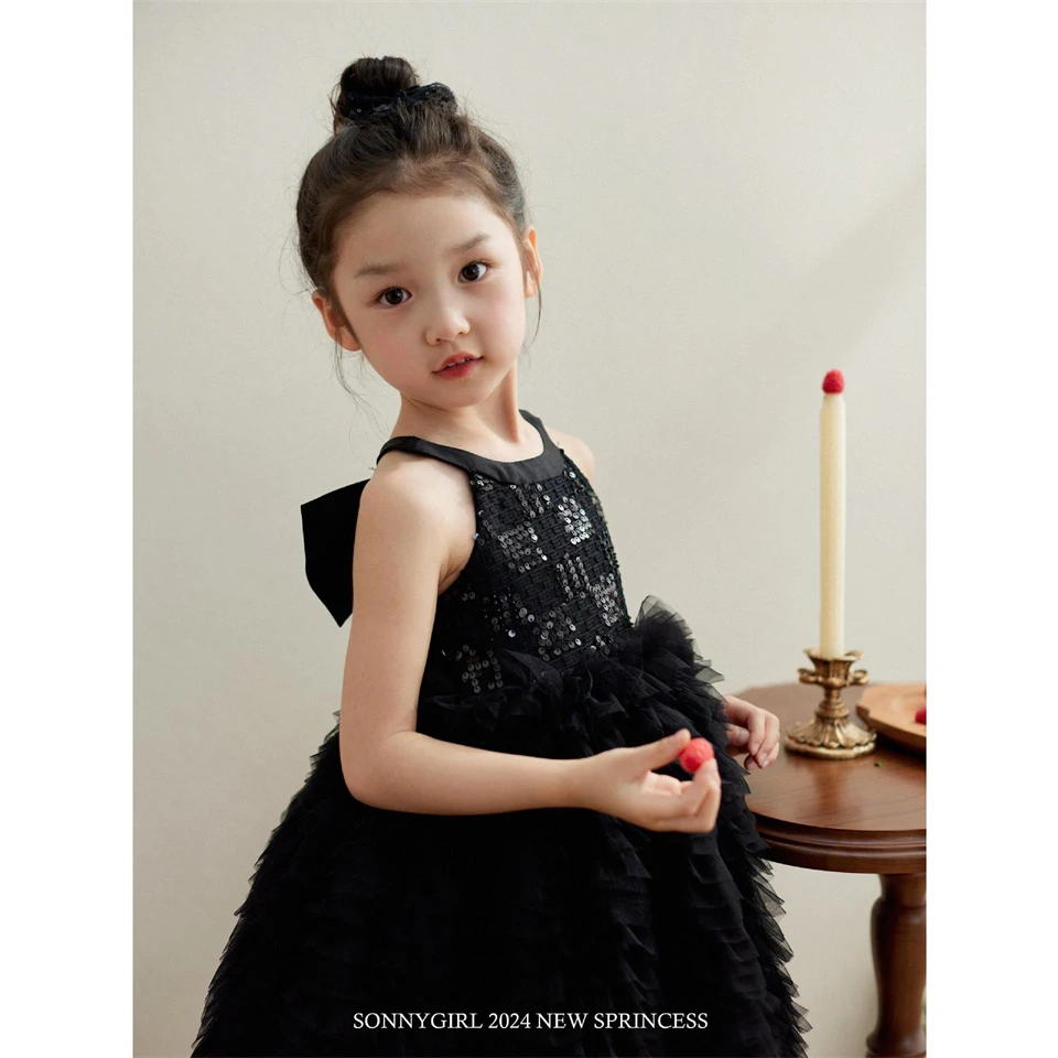 

2024 Summer Hot Selling Girls black swan temperament dress summer backless bow princess puffy dress women's birthday dress dress