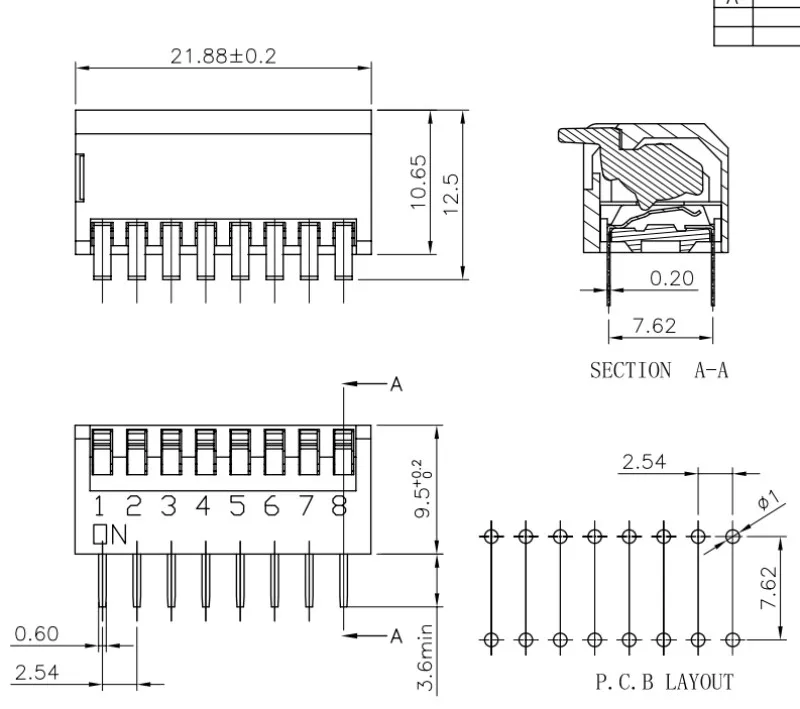 10 Stück DIP-Schalter im Klavierdesign, 2,54 mm Rastermaß, seitliche Bedienung, 2P 1/2/3/4/5/6/8 Positionen, Durchsteckmontage, Rot/Blau erhältlich – Detail 5