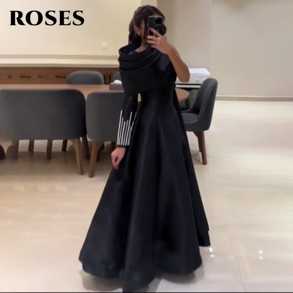ROSES ชุดราตรีสีดำ ชุดเดรสทรงเอ ผ้าซาติน ชุดเดรสคนดัง แขนยาว ชุดราตรีประดับด้วยลูกปัด ชุดสำหรับงานปาร์ตี้ ปรับแต่งได้