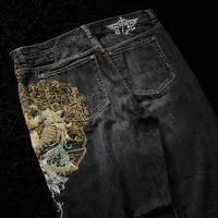 Nueva moda americana, pantalones vaqueros holgados bordados con patrón de gran tamaño para hombres Y2K gótico Harajuku Hip Hop, pantalones rectos de pierna ancha de cintura alta