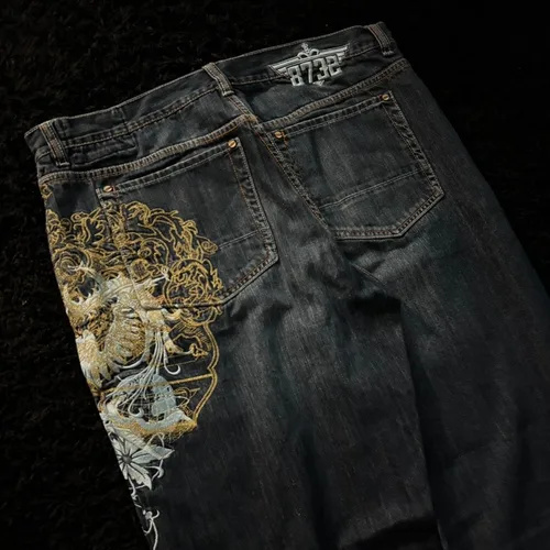Nueva moda americana, pantalones vaqueros holgados bordados con patrón de gran tamaño para hombres Y2K gótico Harajuku Hip Hop, pantalones rectos de pierna ancha de cintura alta