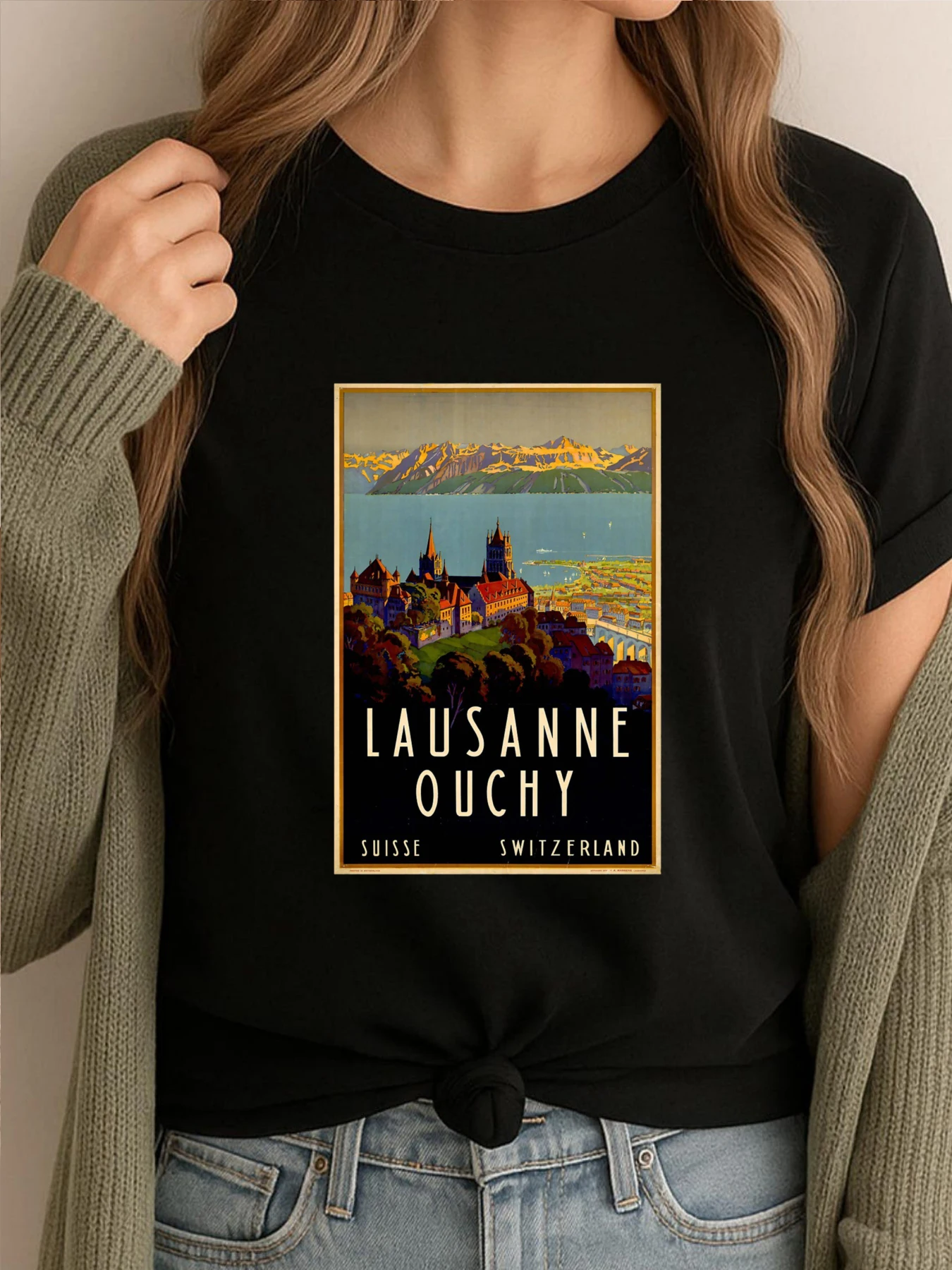 

Retro Classic Lausanne Ouchy Poster Funny Shirts Classic T-Shirts Graphic Tees Women Leisure Clothes Vintage Style