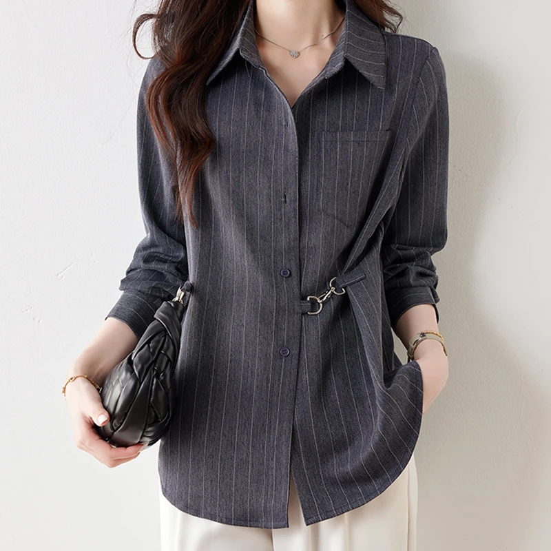 

Vintage Striped Blouse Women Trendy Pocket Single-Breasted Buttons Turn-Down Collar Shirts Female 2025 New Loose Casual Tops