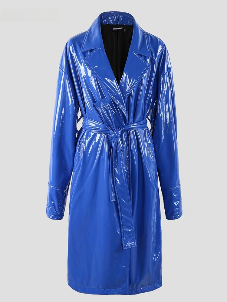 Nerazzurri Women's Oversize Long PU Leather Jaet High Gloss Painted Leather Street Sle Faion Autumn Winter Coat