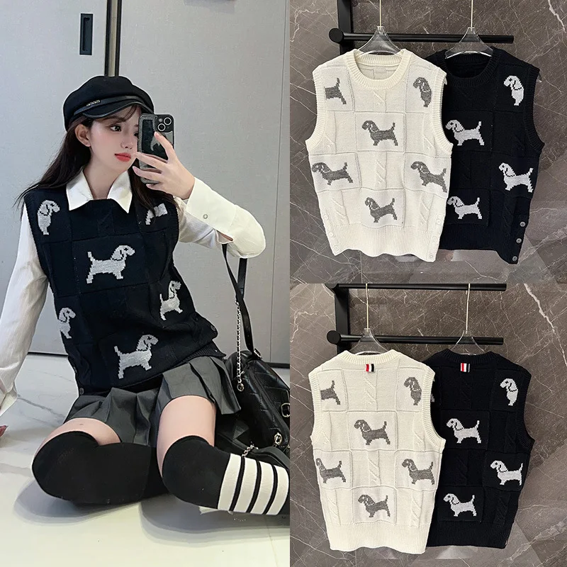 

Autumn Winter Vintage Jacquard Cartoon Dog Knitted Wool Sleeveless Sweater Loose Jumper Simple Solid Color Women's Vest Tops