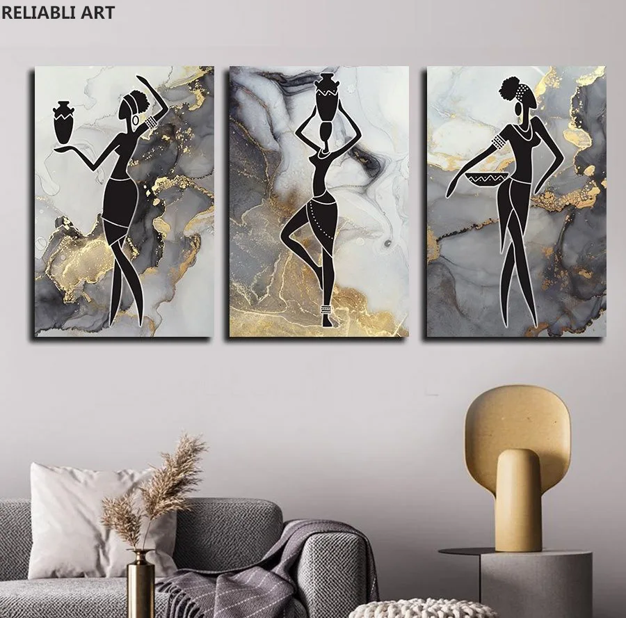 Modern Room Decor Wall Art Canvas Print Poster Painting Depicts Silhouettes Of African Women With Bowls And Jugs In The Abstract