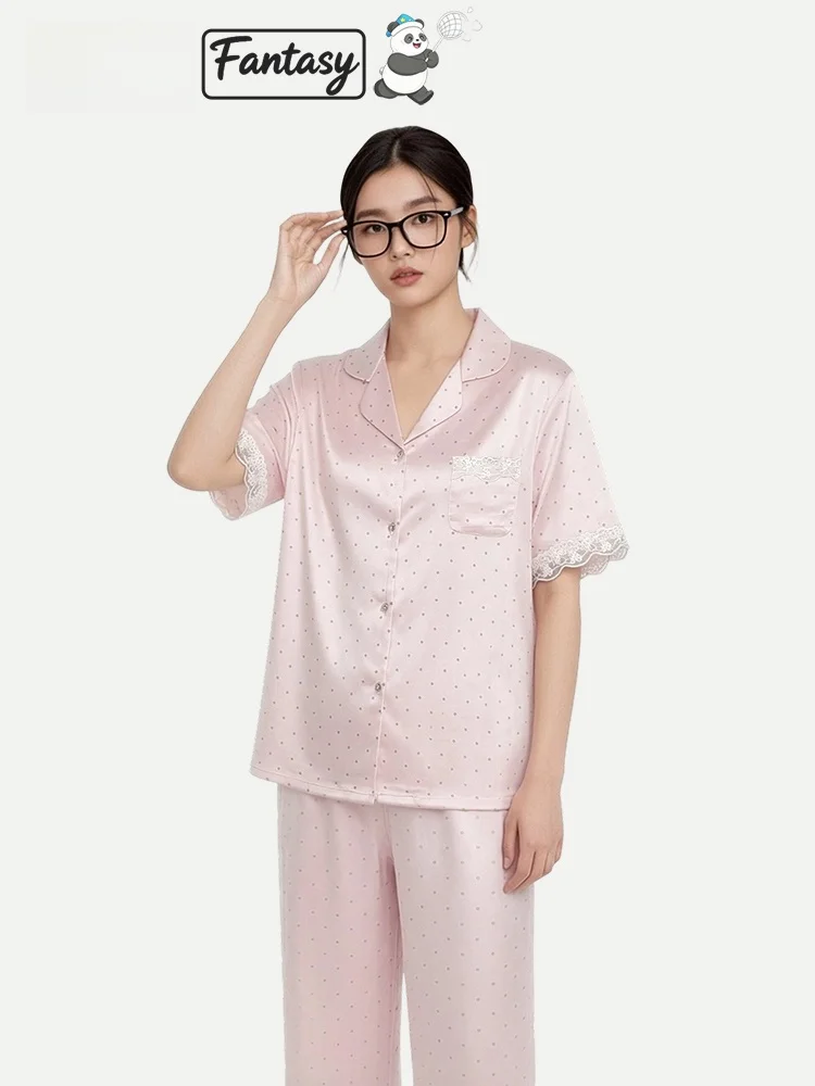Pink Summer Ice Silk Short Sleeve Long Pants Lady's Nightgown Home Clothes Set Wrinkle Grabbing Polka Dot Print Loose Fit