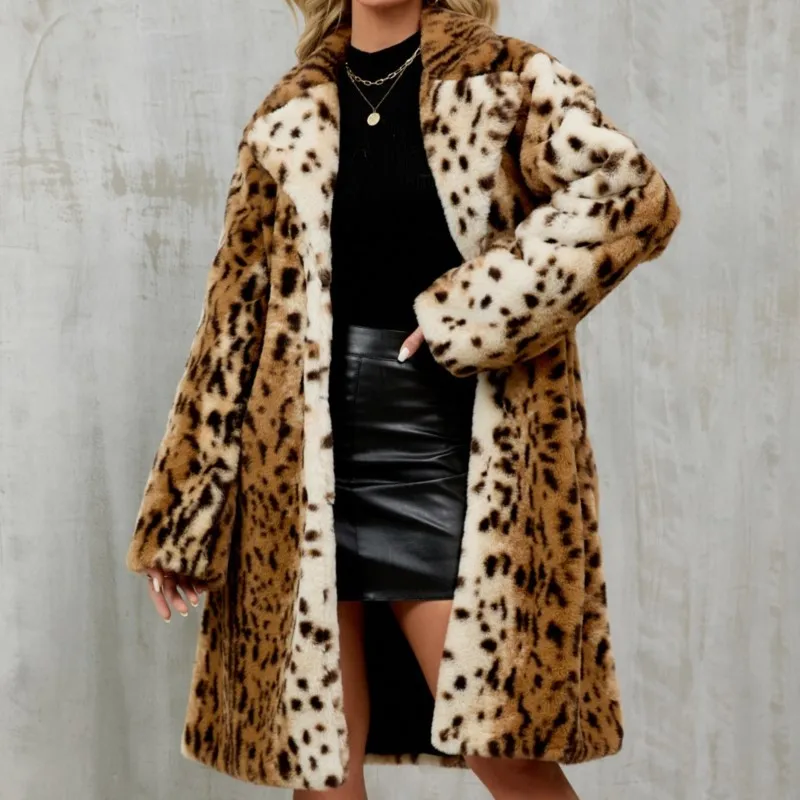 سترات شتوية سميكة ودافئة لعام 2025 معاطف طويلة من الفرو معاطف طويلة منفوشة ملابس خارجية سترات نسائية فضفاضة من الفرو الصناعي على شكل الفهد