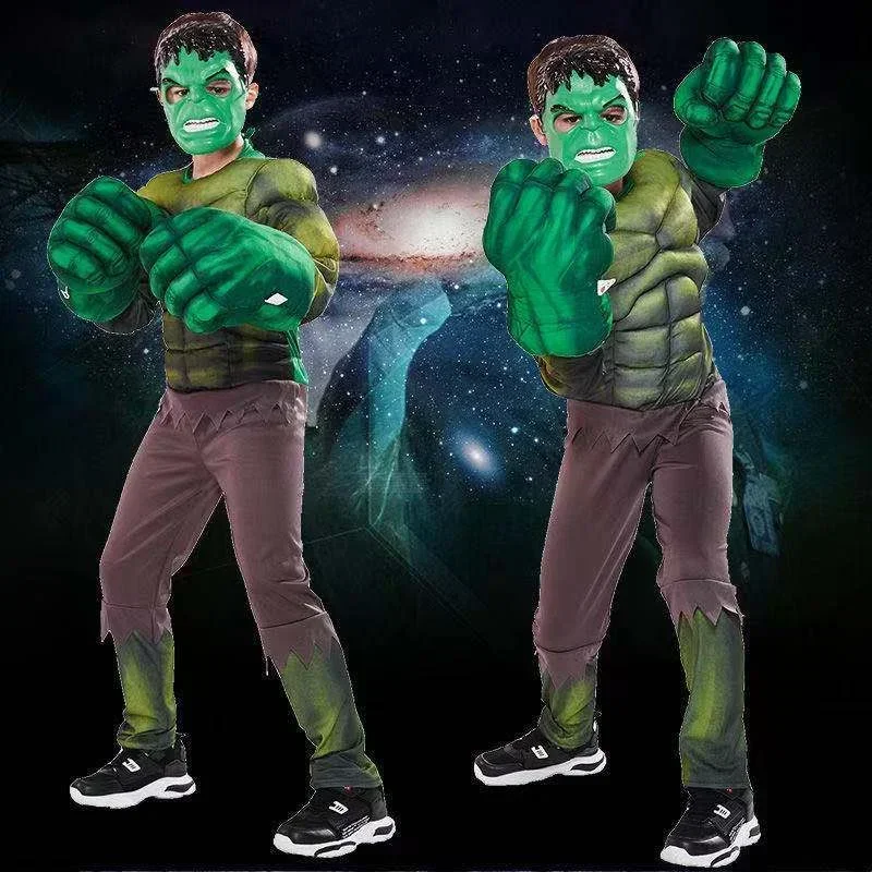 Kids Green Superheroes Anime Cosplay Muscle Costumes with Gloves Boys Birthday Halloween Carnival Party Hulk Dress Up Jumpsu^0*f