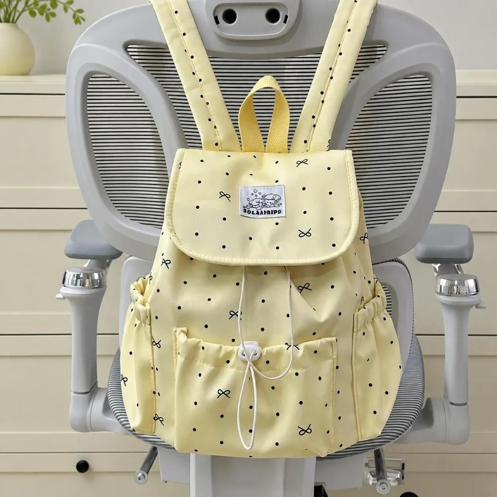 Sweet Drawstring Polka Dot Backpack Bowknot Large Capacity Double Shoulder Bag Nylon Ultra Light Commuting Backpack Women