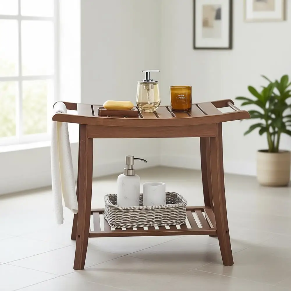 

Водонепроницаемая скамья для душа из орехового дерева с полкой для хранения и держателем для мыла, двухъярусное нескользящее сиденье для спа-процедур для использования в помещении и на улице