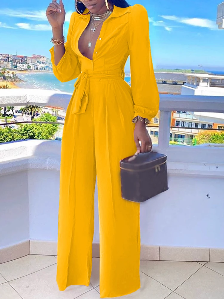 Casual Jumpsuit for Women Spring Summer 2023 New Fashion Solid Color Lace Up Shirt Collar Two-Piece Suit Jumpsuits
