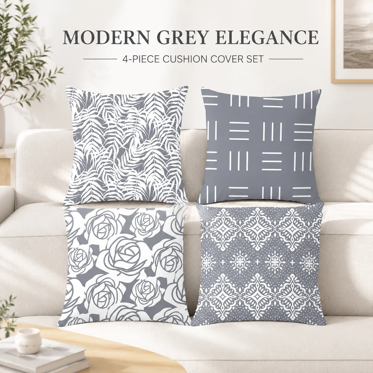 

4Pcs Modern Grey Cushion Covers 2D Flat Printed Peach Skin Coussin Minimalist Room Decor Farmhouse Sofa Throw Pillow Cases