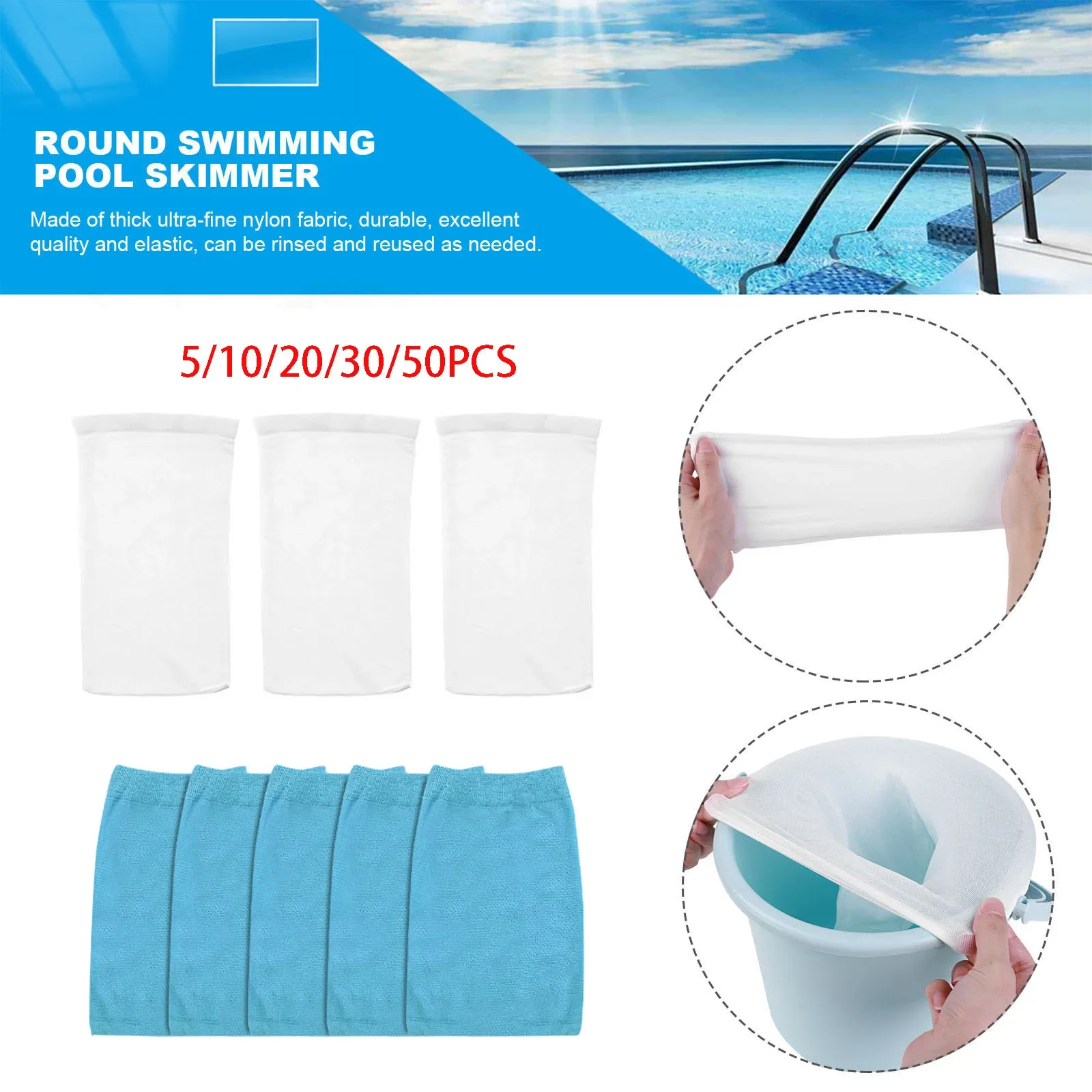 5/10/20/30/50 Uds filtro de almacenamiento piscina Skimmer calcetines Nylon filtro de piscina calcetines para cestas Skimmers suministro de piscina