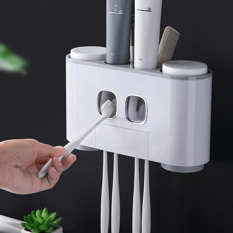 Fashion Creative Plastic Automatic Toothpaste Dispenser 4 Cups Magnetic Wall Mounted Toothbrush Holder
