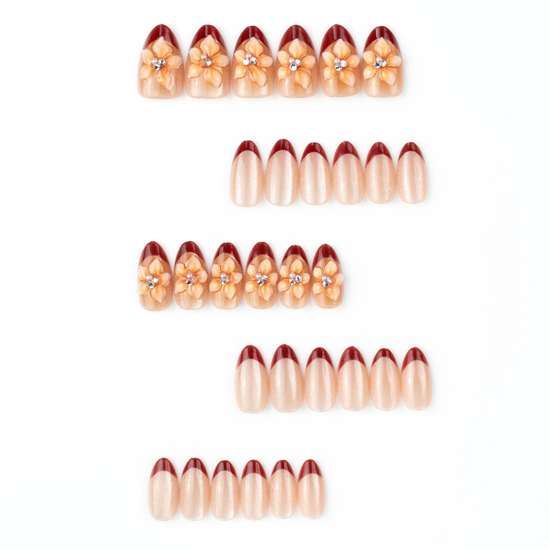 24 pièces 3D amande florale presse sur ongles ensemble à la main diamants avancé marron français faux ongles quotidien exquis doux frais faux ongles