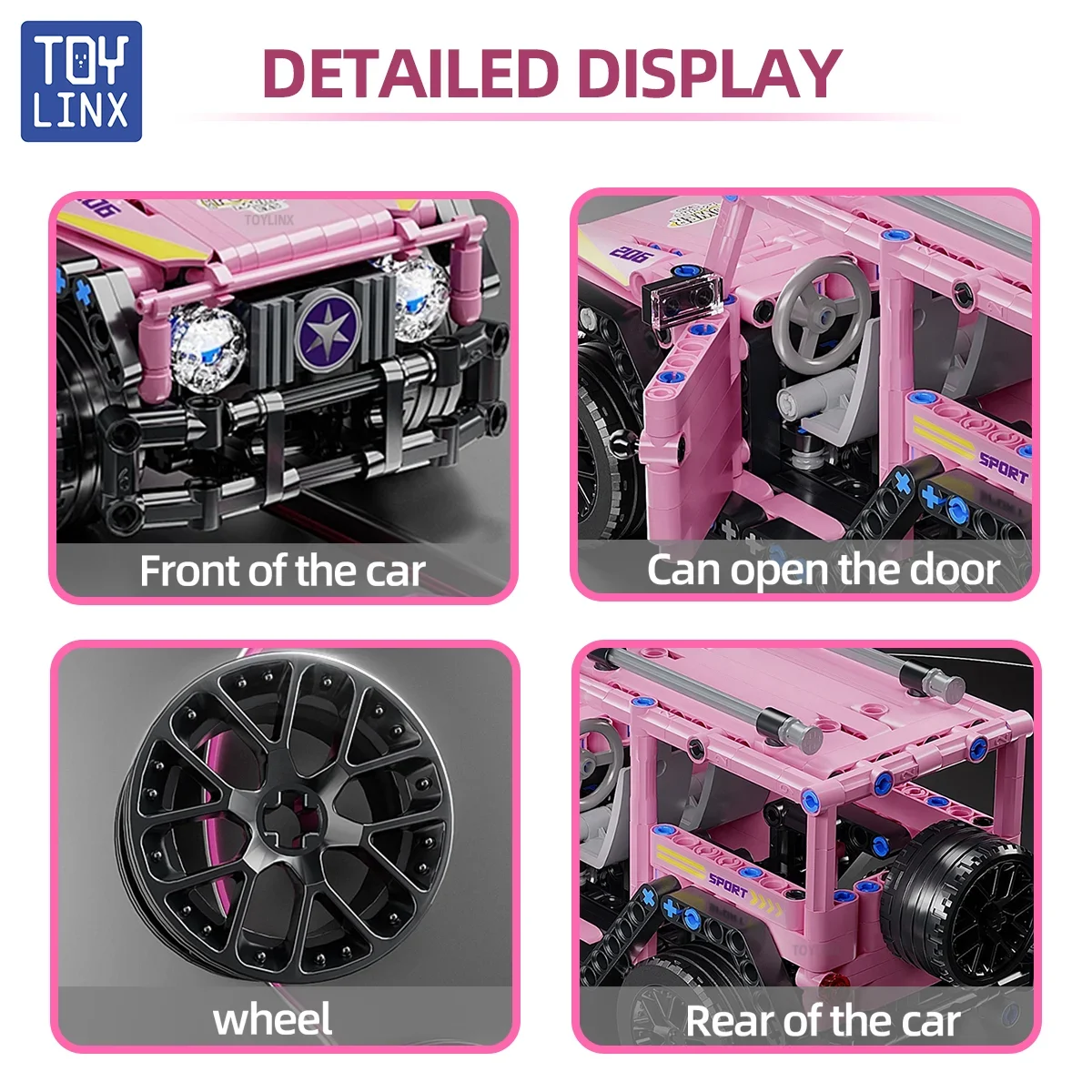 اللبنات لعبة سيارة 1:18 مقياس الوردي على الطرق الوعرة SUV البناء الطوب 485 قطعة التعليمية لتقوم بها بنفسك لعب الاطفال التراجع مركبة هدية