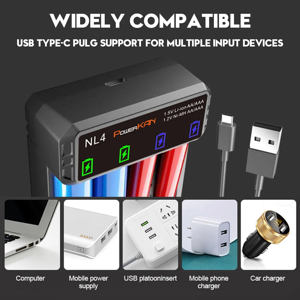 POWERKAN NL4 Battery Charger, 4 Slots Independently Spport 1.2V Ni-MH Ni-Cd and 1.5V Li-ion AA/AAA Battery Charging