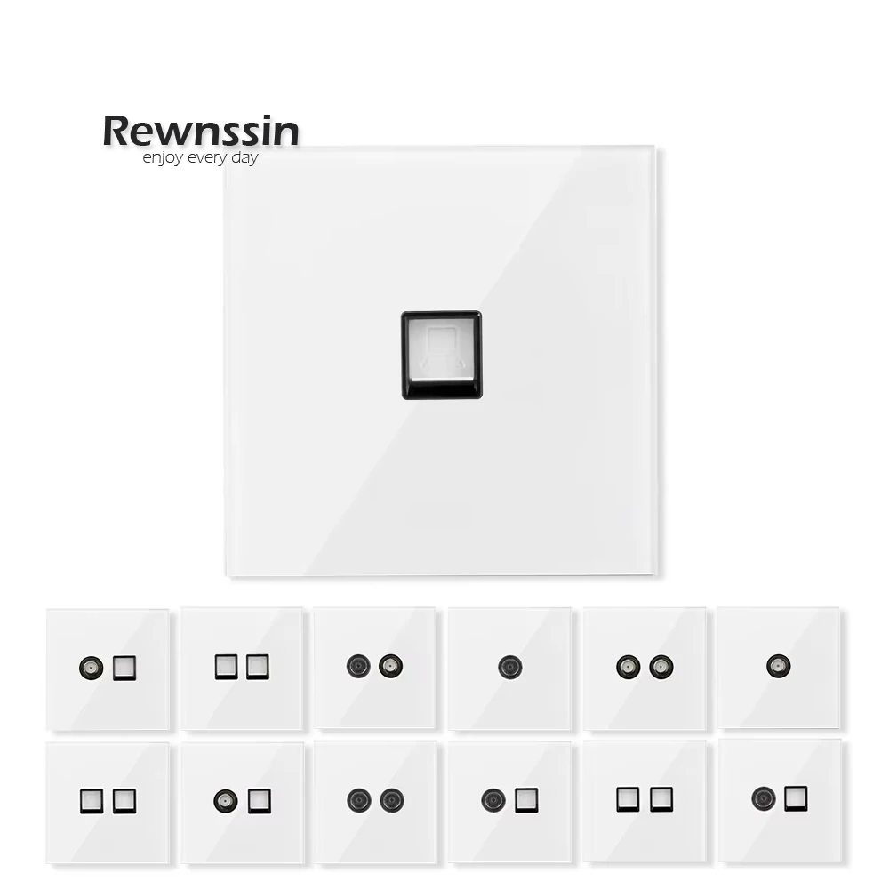 86 type computer data satellite TV signal socket PC data socket RJ45 Cat5e telephone line Cat3 wall mounted interface white glas