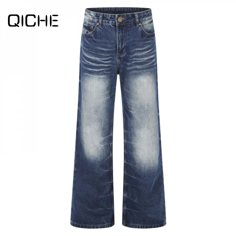 QICHE 2026 Men American Retro Water Ripple Washed Flare Jeans, Dark Blue Gradient Distressed Drape Wide Leg Trendy Denim Pants
