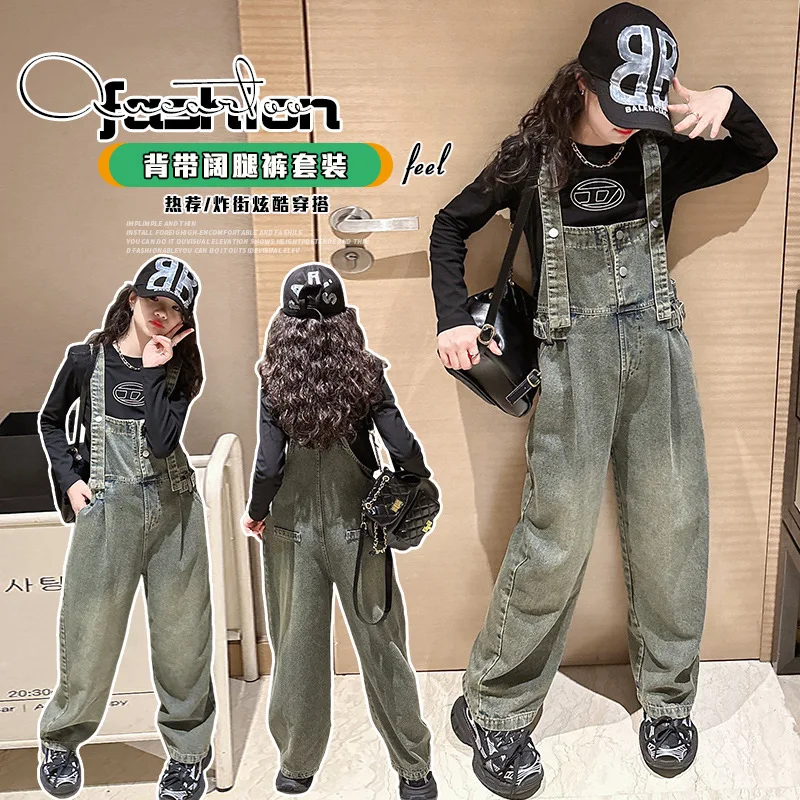 Girls Autumn Denim Overalls Fashion Loose Casual Jeans for Children\'s 10 12 13 Years Teenage School Kids Infant Suspenders Pants