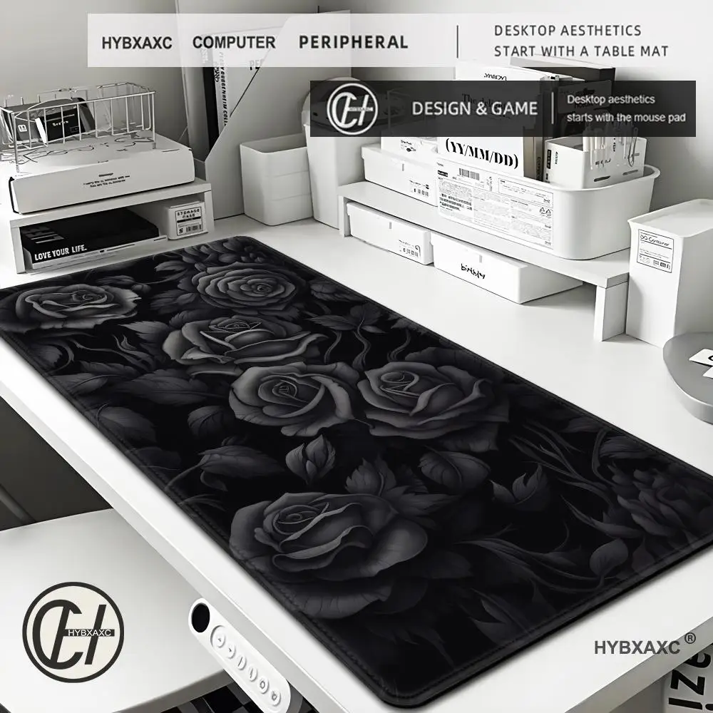 

Black Flowers Art Mouse Pad Gaming Table Cushion Large Non-slip Nootbook Game Rug Seamed Edge Laptop Tablet Mat Mini PC Mousepad