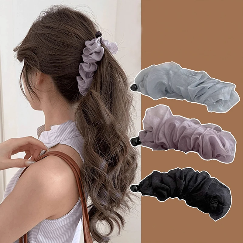 High-end pleated mesh banana hair clip for women large size perfect for high ponytails and various occasions.