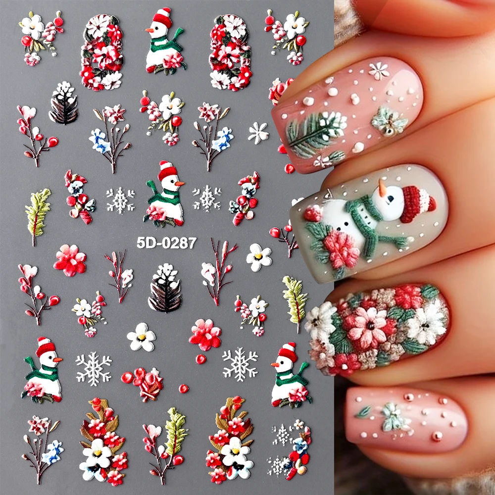 5D Christmas Snowman Nail Art Sticker Relief Self Adhesive Snowflake Leaves DIY Winter Decal Slider New Year Manicure Decoration