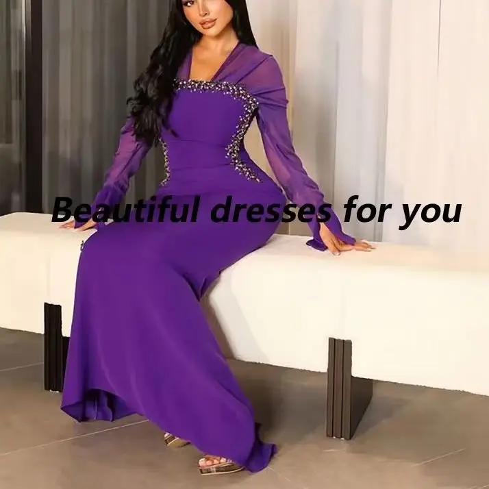 

Luxury Purple Mermaid Evening Dress Customized V-Neck Long Sleeves Jersey Crystal Women's Formal Party Dresses Prom Gown