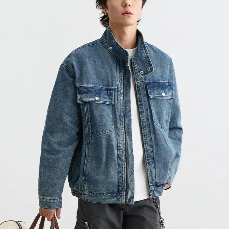 

Men's Washed Cargo Denim Jacket Streetwear Autumn Color Block Patchwork Turn-down Collar Workwear Jacket With Multi Pocket
