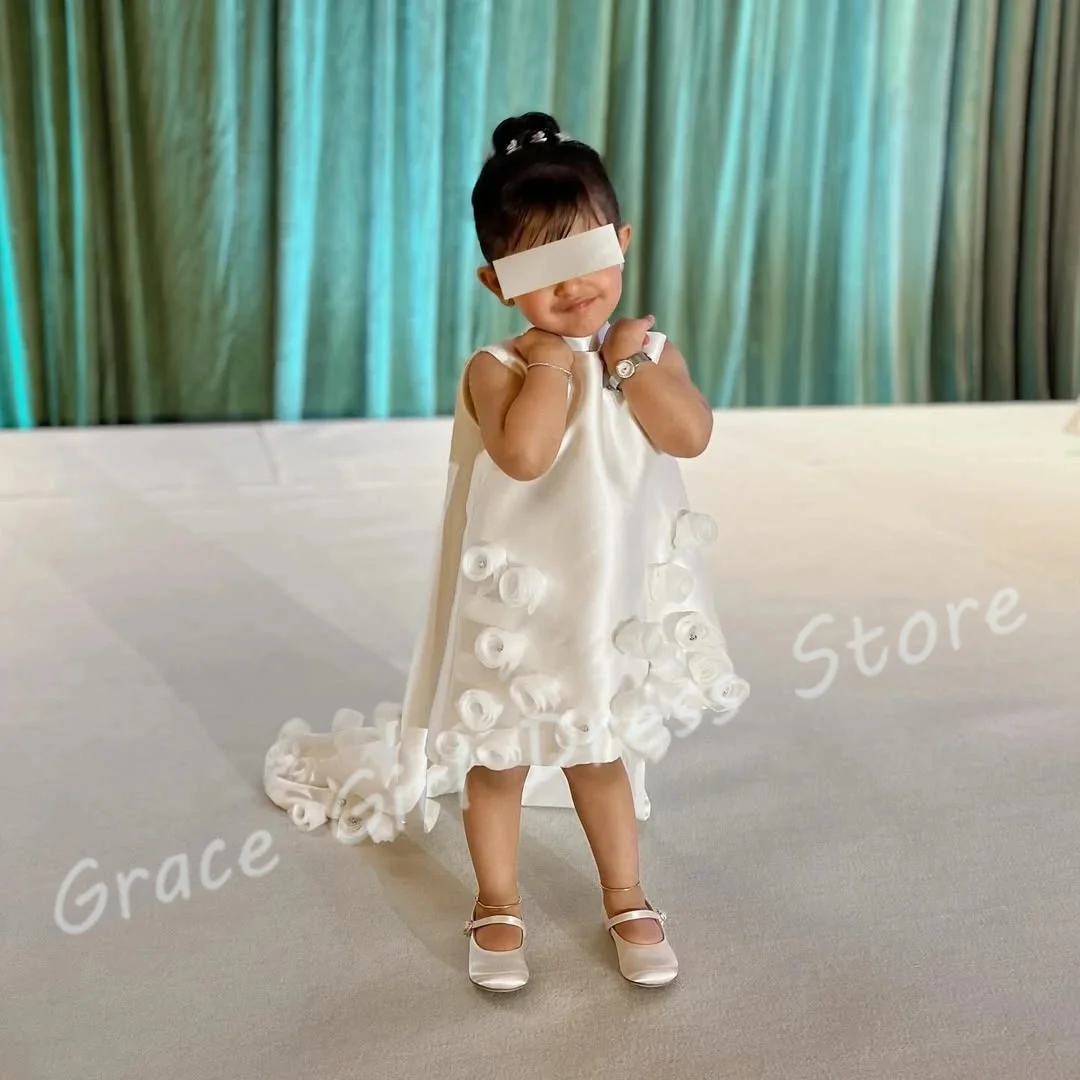 

Customized Ivory Flower Girl Dress For Wedding High Collar Sleeveless Flowers Satin Little Girl Formal Occasion Banquet Gown