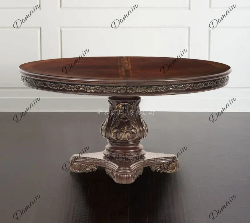 American retro carved gold painted old round dining table European 1.5 meters six-person villa luxury dining table high-end
