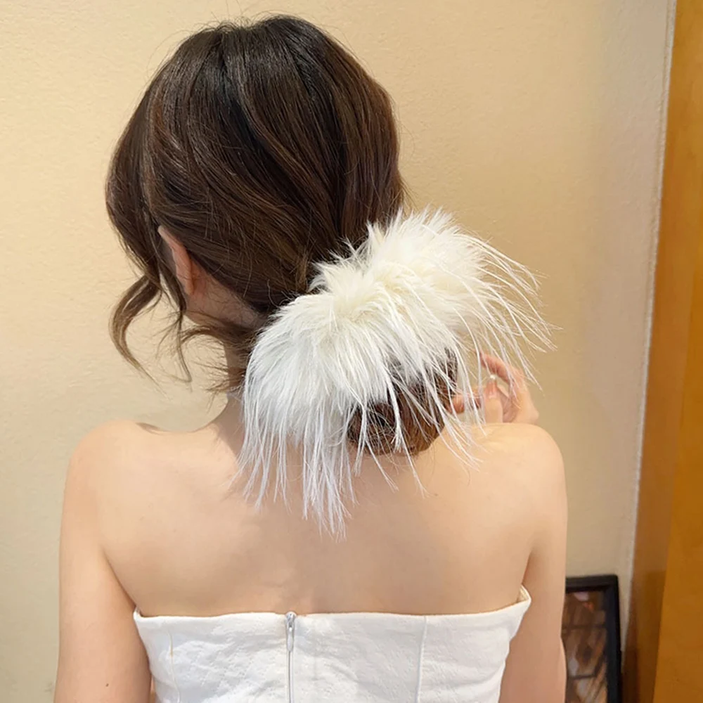 Plush Big Feather Hair Rope Elastic Hair Band Oversized Large Intestine Hair Ring Ponytail Fluffy Warm Hair Scrunchies Headwear