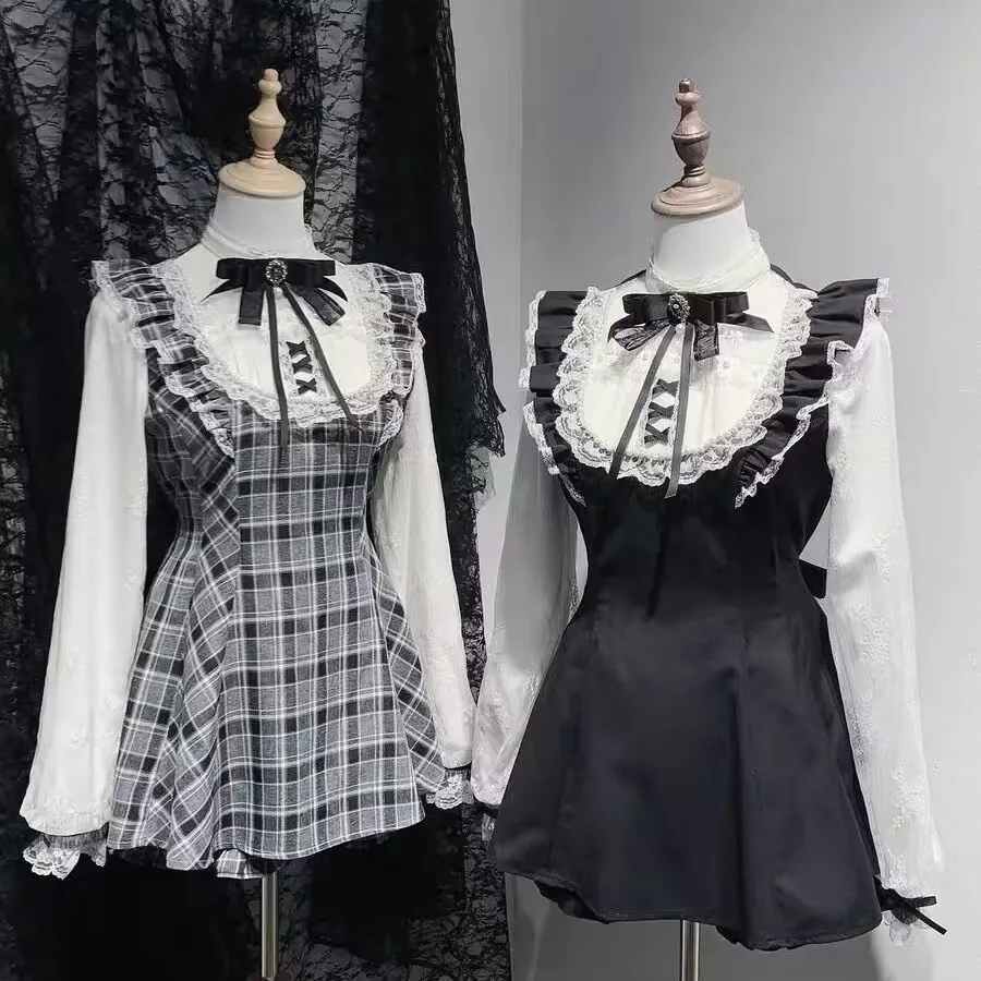 

Gothic Rhinestone Bow Y2k Dress Shorts Set Women Sweet Lolita Shirt Plaid Dresses 2 Piece Sets Womens Slim Mini Dress Outfits