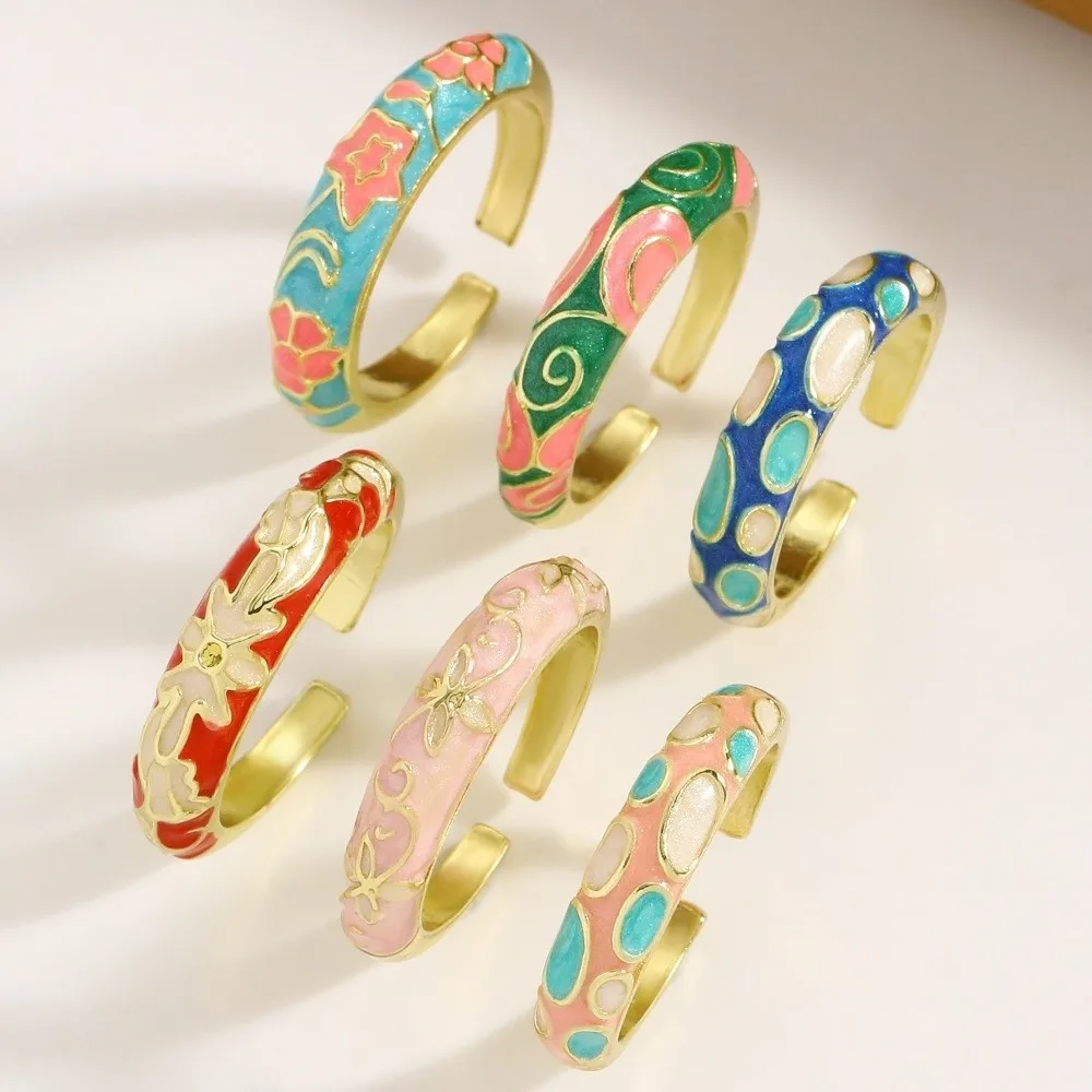 Elegant Chinese Style Drip Oil Ring Colorful Vintage Enamel Statement Ring Adjustable Ethnic Floral Pattern Ring For Women
