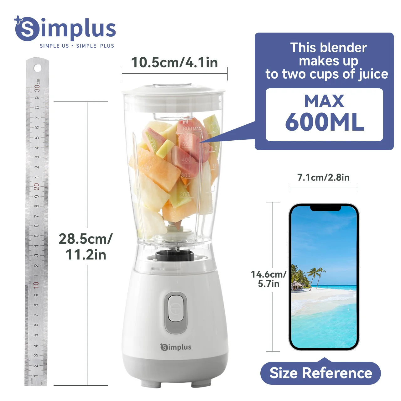 Simplus 250W personal blender 600ml capacity double durable ABS material, toughened, multi-purpose blender, one button control