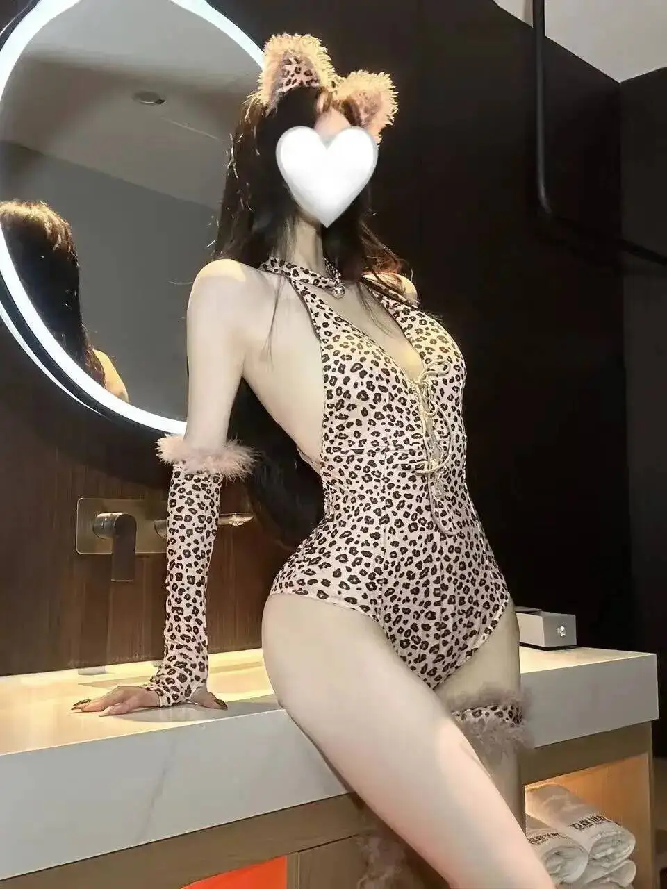 Sexy Leopard Print Bodysuit With Furry Cuffs And Collar Plush Animal Ears Headband Set Bodysuits Outfit For Women Nightclub RGCS