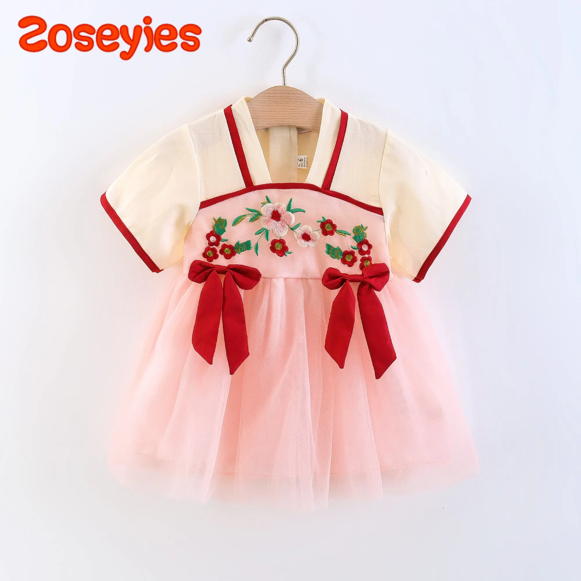 Summer Baby Girl's Dress New Chinese Style Bow Embroidery Hanfu Short Sleeve Skirt