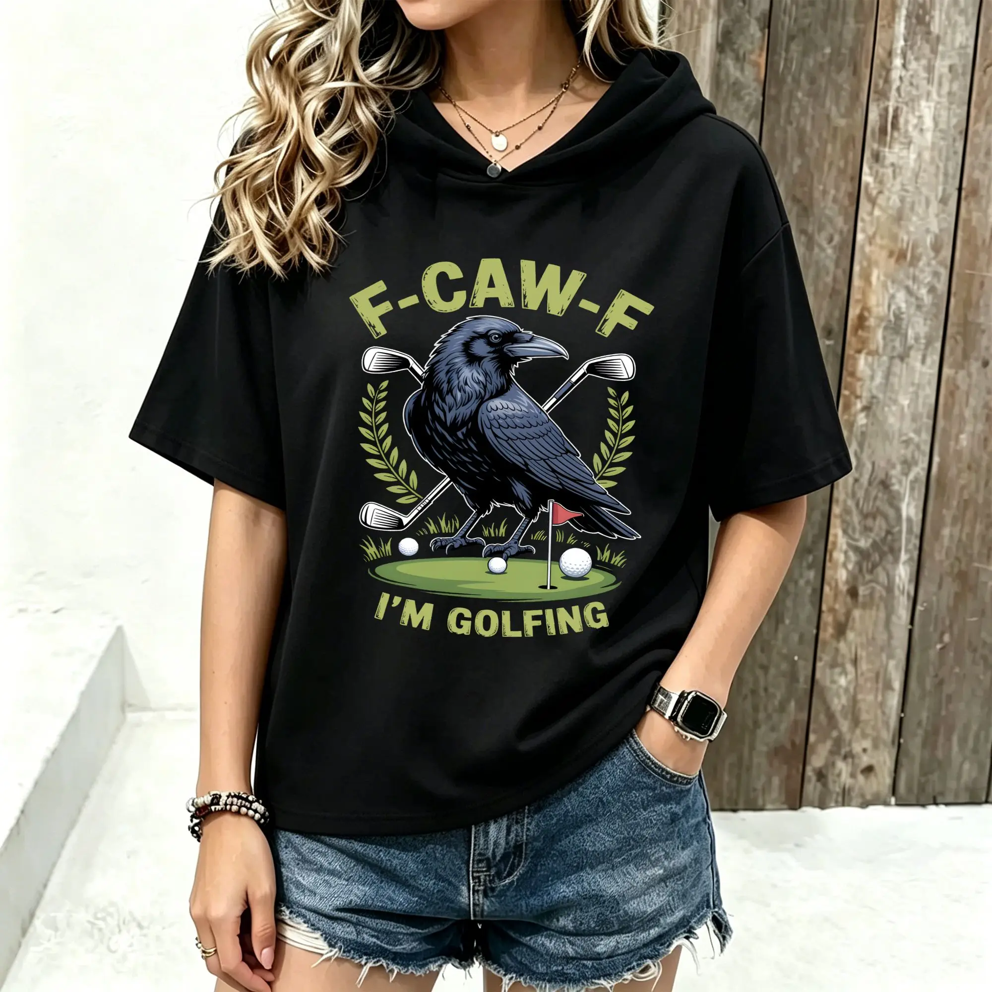 Women Short Sleeve Hooded T‑Shirt Crow Golf Funny Pun Graphic Print Spring Summer Loose Hoodie Tee Streetwear Casual Short Sleeve Hood Tops