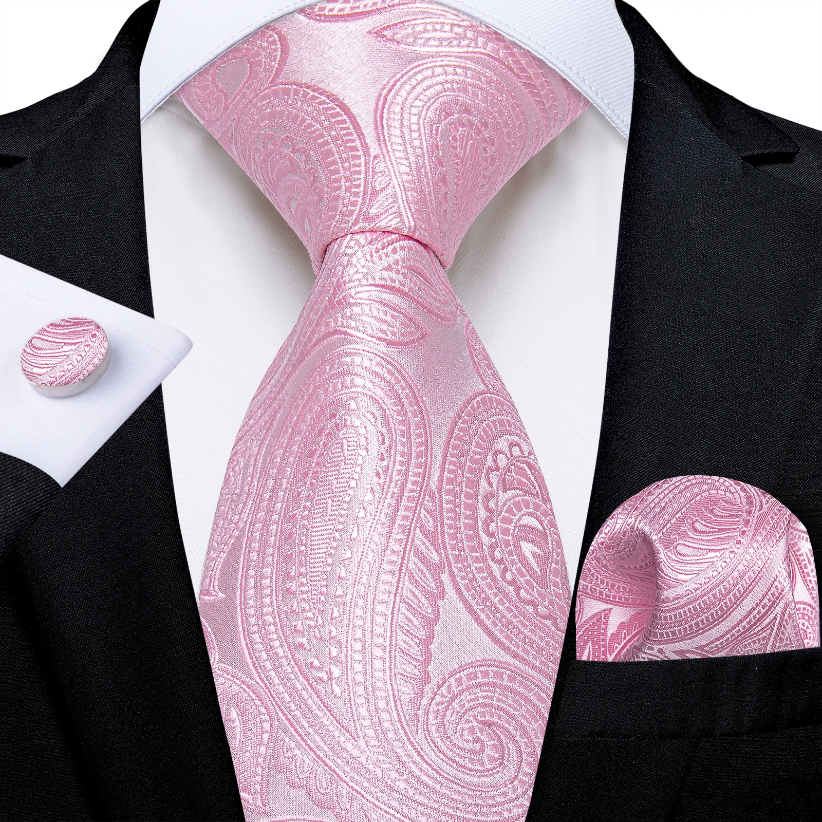 2023 New Pink Solid Paisley Silk Ties Handkerchief Cufflinks Wedding Party Suits Accessories 8cm Necktie Gift for Husband