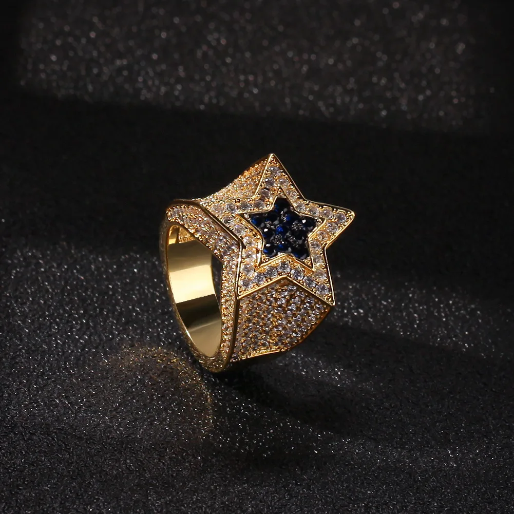 Hip Hop Jewelry Zircon StarRing Male Sapphire Pentagram New Fashion Iced Out  Bling Punk Party Ring  Trend Accessories for men