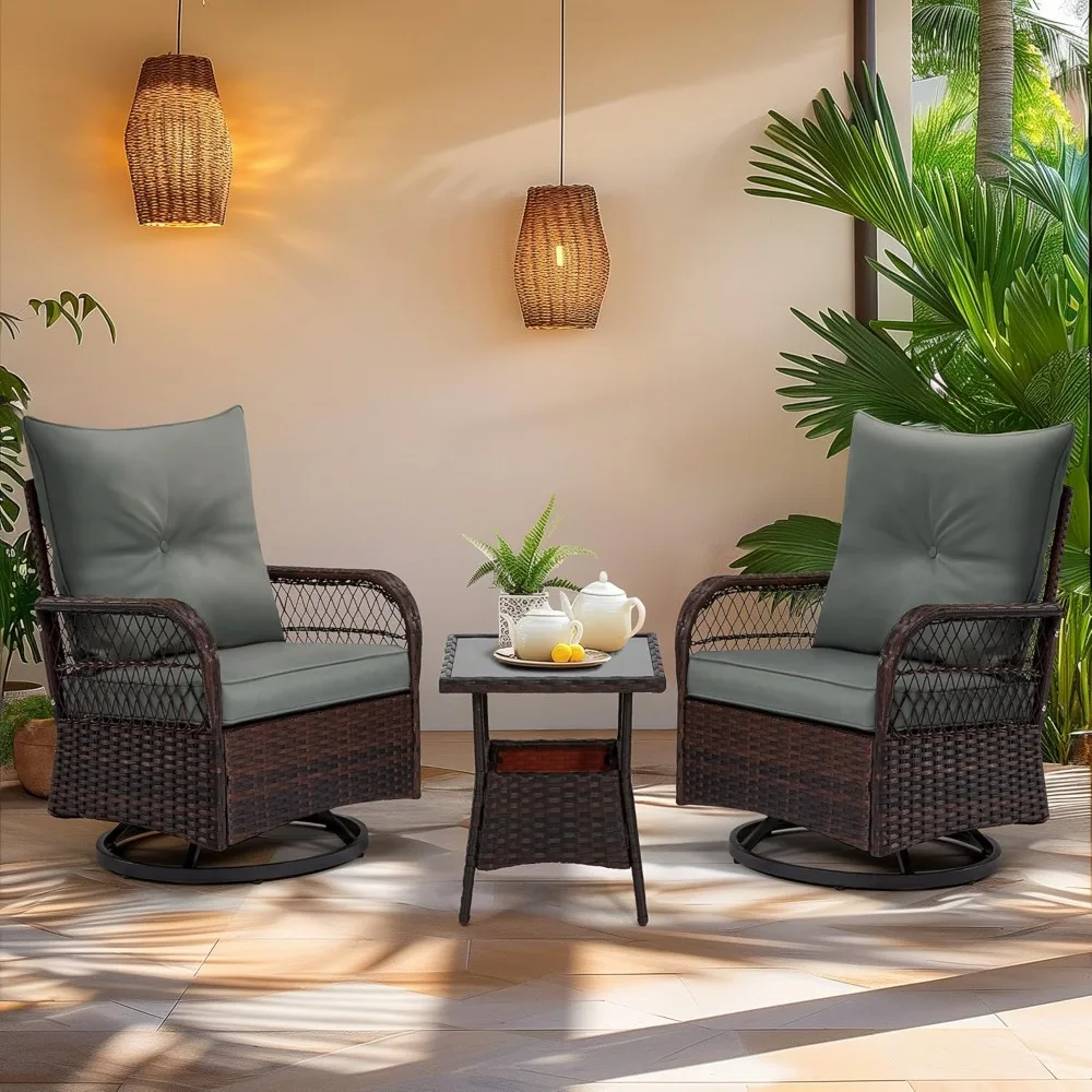 طقم فناء مكون من 3 قطع، كراسي فناء هزازة دوارة خارجية مع وسائد سميكة وطاولة زجاجية للشرفة الأمامية