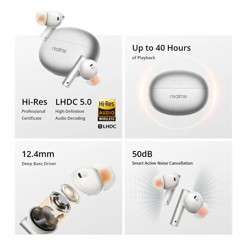 realme Buds Air 6 TWS Earphone 50dB Active Noise Cancelling Wireless Headphone IP55 40 Hour Battery Life Headphone Hi-Res LHDC