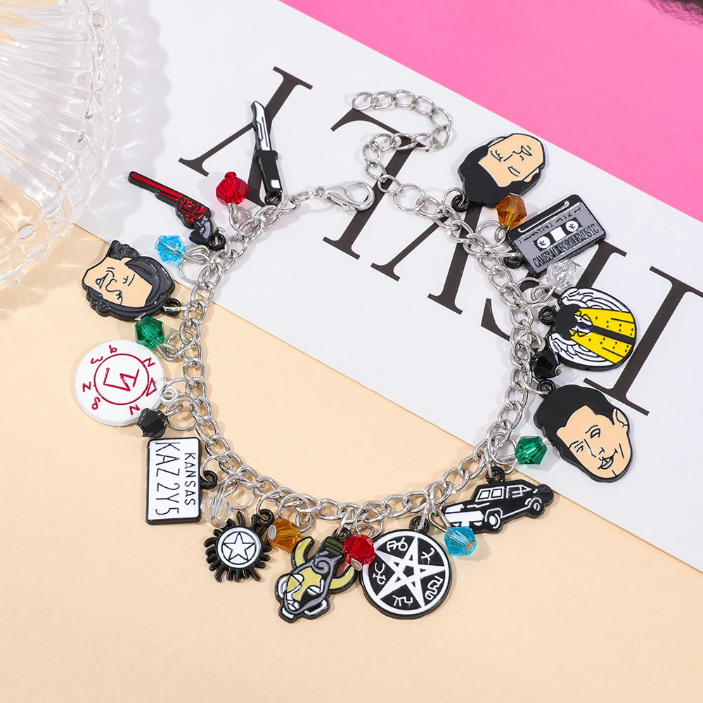 Supernatural TV Show Themed Charm Bracelet with Winchester Brothers Castiel Anti-Possession Symbol Impala And Colt Gun Charms - view 5